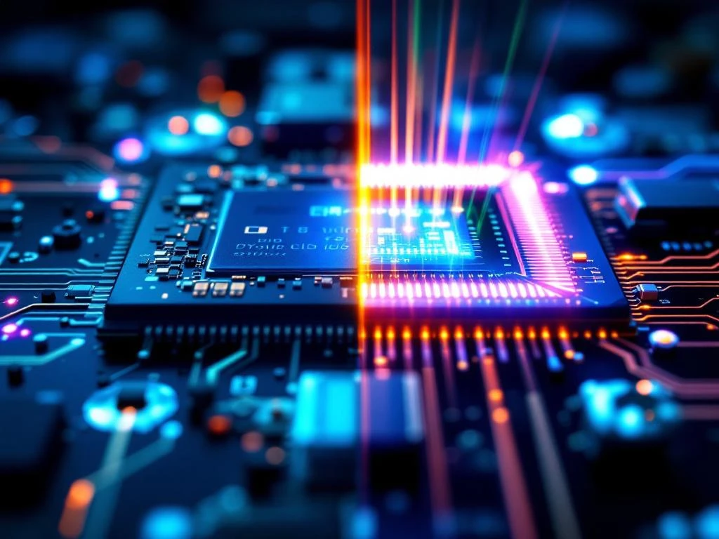 Split-screen macro view of traditional electronic microchip with copper circuits versus photonic chip with colorful light beams