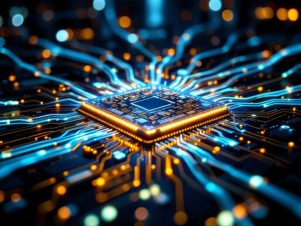 Illuminated photonic chip with glowing blue circuits connected to fiber optic cables in modern data center server rack