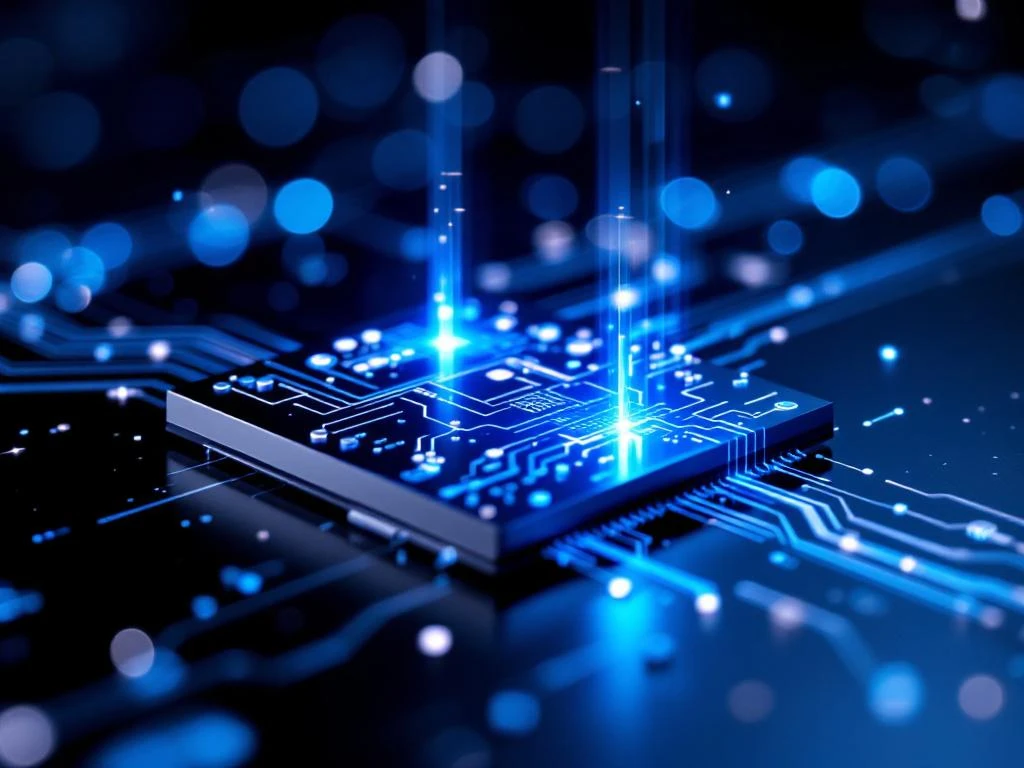 Photonic chip with blue light beams flowing through silicon circuit patterns on dark surface