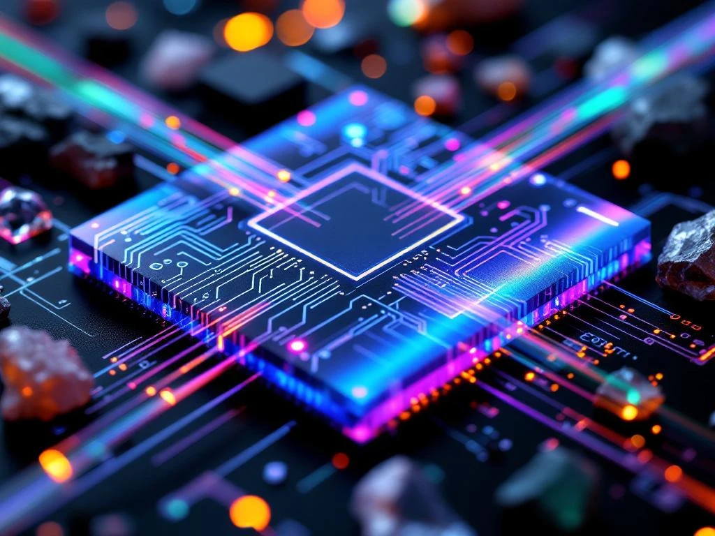 Photonic chip wafer with silicon circuits, fiber optic strands, and semiconductor crystals on dark background