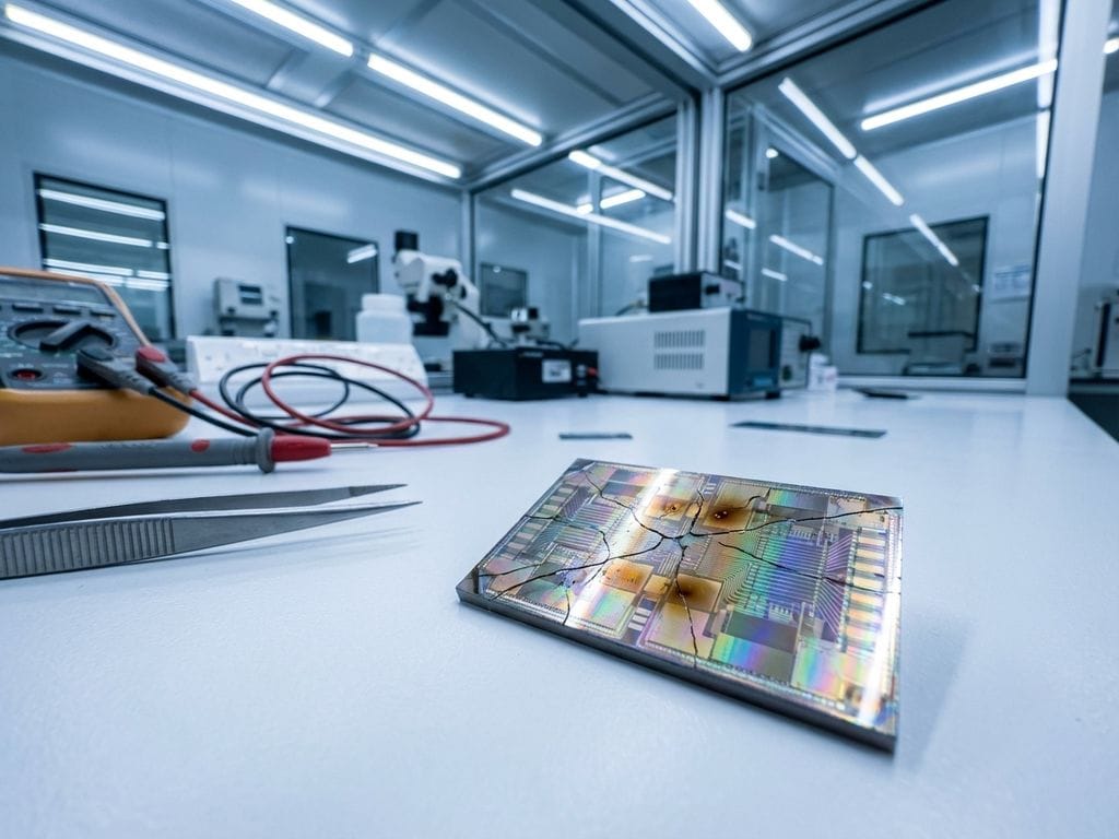 Damaged photonic chip with micro-cracks and heat discoloration on laboratory workbench with precision tweezers nearby