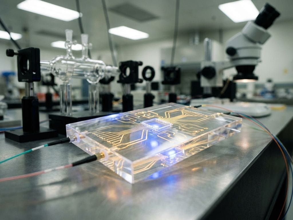Photonic chip with golden light pathways on laboratory workbench, connected to fiber optic cables with blue LED glow