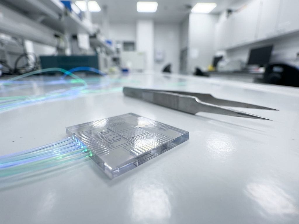 Silicon photonic chip on laboratory workbench with fiber optic cables glowing blue and green, precision tweezers nearby