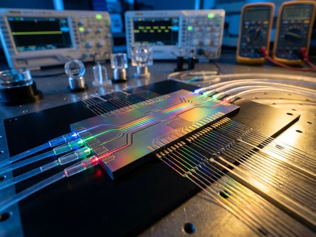 Silicon photonic chip with colored light beams through waveguides, connected to glowing fiber optic cables on lab bench
