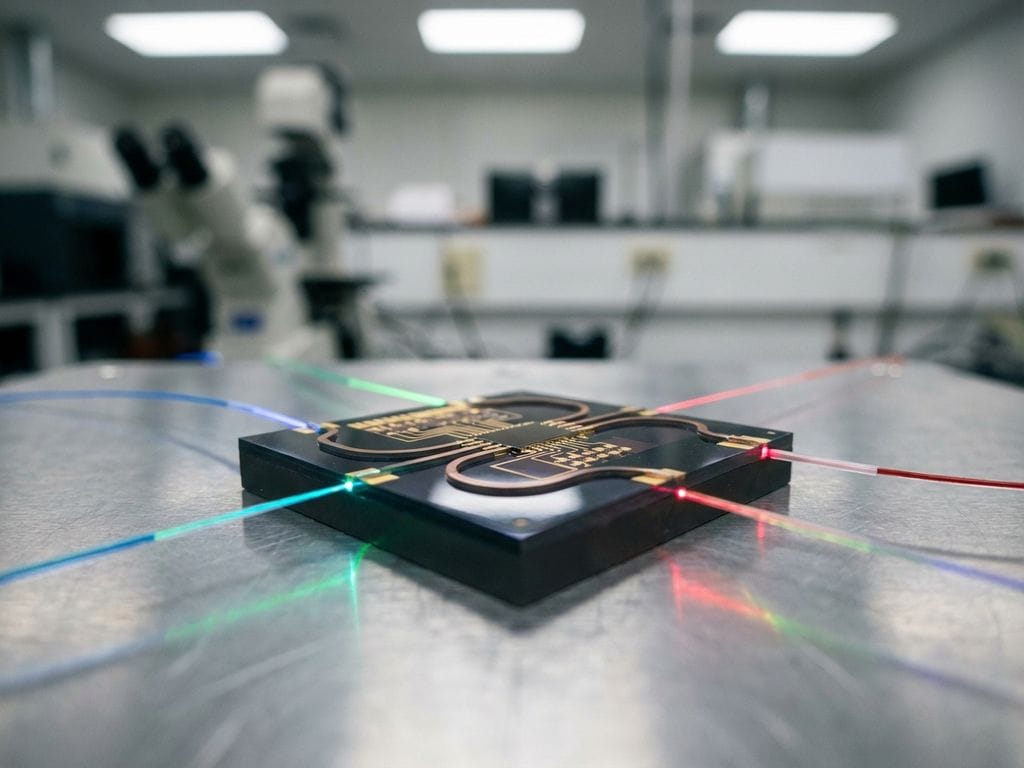 Silicon photonic chip on lab bench with fiber optic cables and colorful laser light beams creating rainbow refractions