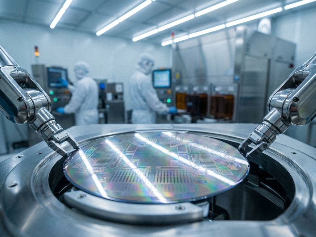 Silicon wafer with photonic circuits being positioned by robotic arms in cleanroom manufacturing facility