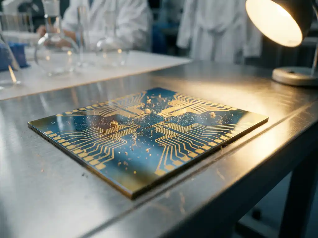 Photonic chip with golden circuit patterns on laboratory workbench, dust particles settling on silicon surface