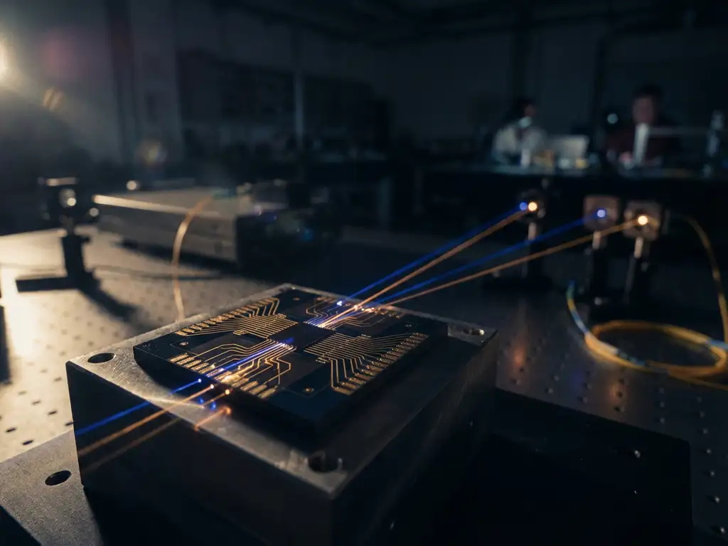 Photonic chip with intricate circuits emitting blue and amber light beams across dark laboratory space toward optical receivers