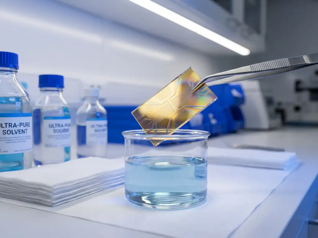 Photonic chip held by precision tweezers above cleaning station with waveguide patterns refracting light, surrounded by solvents and cleanroom supplies