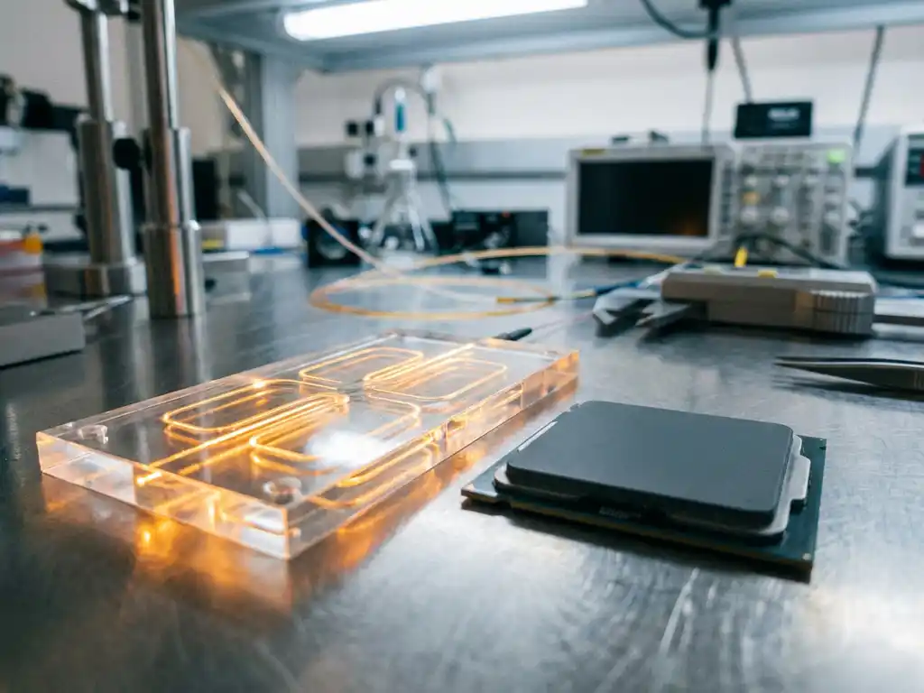 Gleaming photonic chip with golden laser light flowing through transparent waveguides beside dark silicon CPU on laboratory workbench