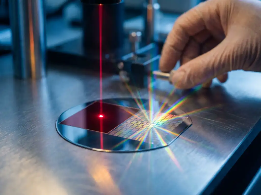 Silicon wafer with two photonic chip sections on metallic lab bench, one emitting focused laser beam, other scattering rainbow light rays