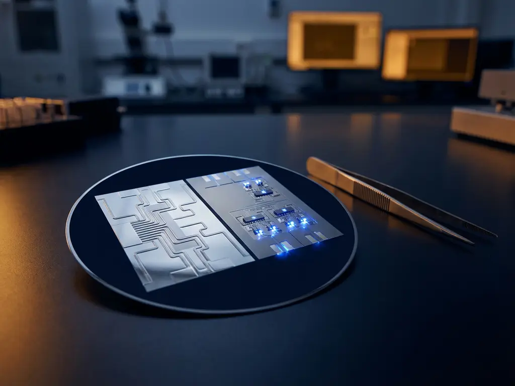 Silicon wafer with two photonic chip sections showing silver waveguide patterns and blue LED components on laboratory bench