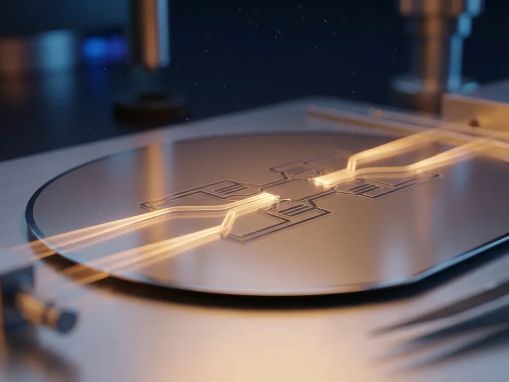 Silicon wafer with intricate photonic chip circuitry and golden light beams traveling through microscopic waveguides on laboratory workstation