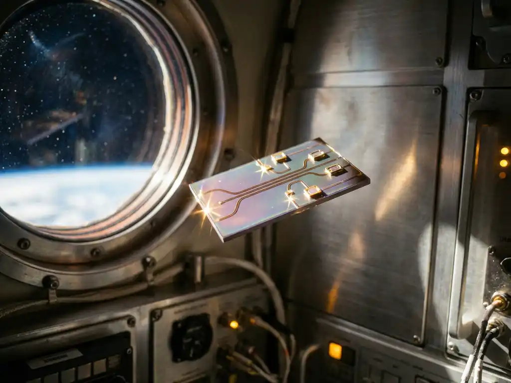 Photonic chip with silicon waveguides floating in spacecraft interior, Earth's horizon visible through porthole window