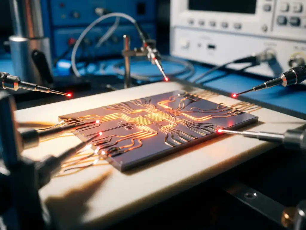 Photonic chip with glowing orange-red silicon waveguides showing thermal stress damage on laboratory testing platform with measurement probes