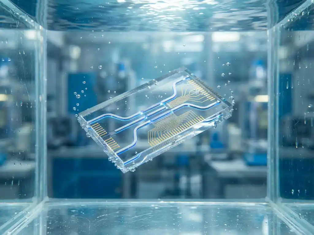 Transparent photonic chip with silicon waveguides submerged in water with rising air bubbles in underwater laboratory setting