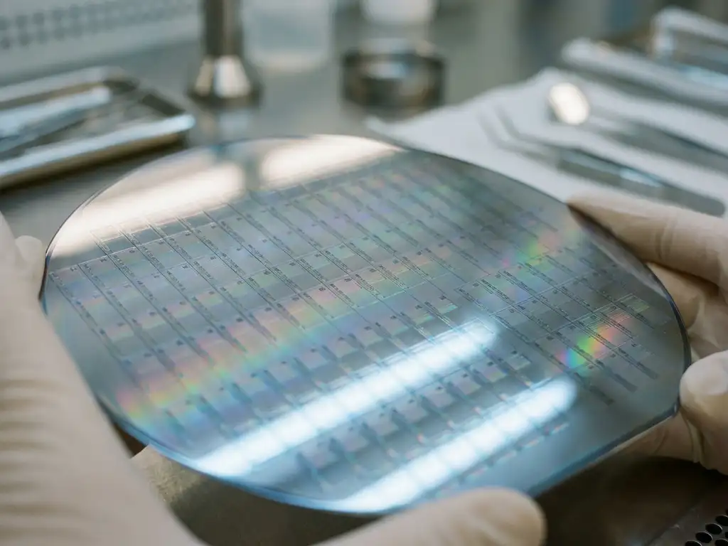 Silicon wafer with microscopic photonic chips showing rainbow interference patterns under cleanroom lighting