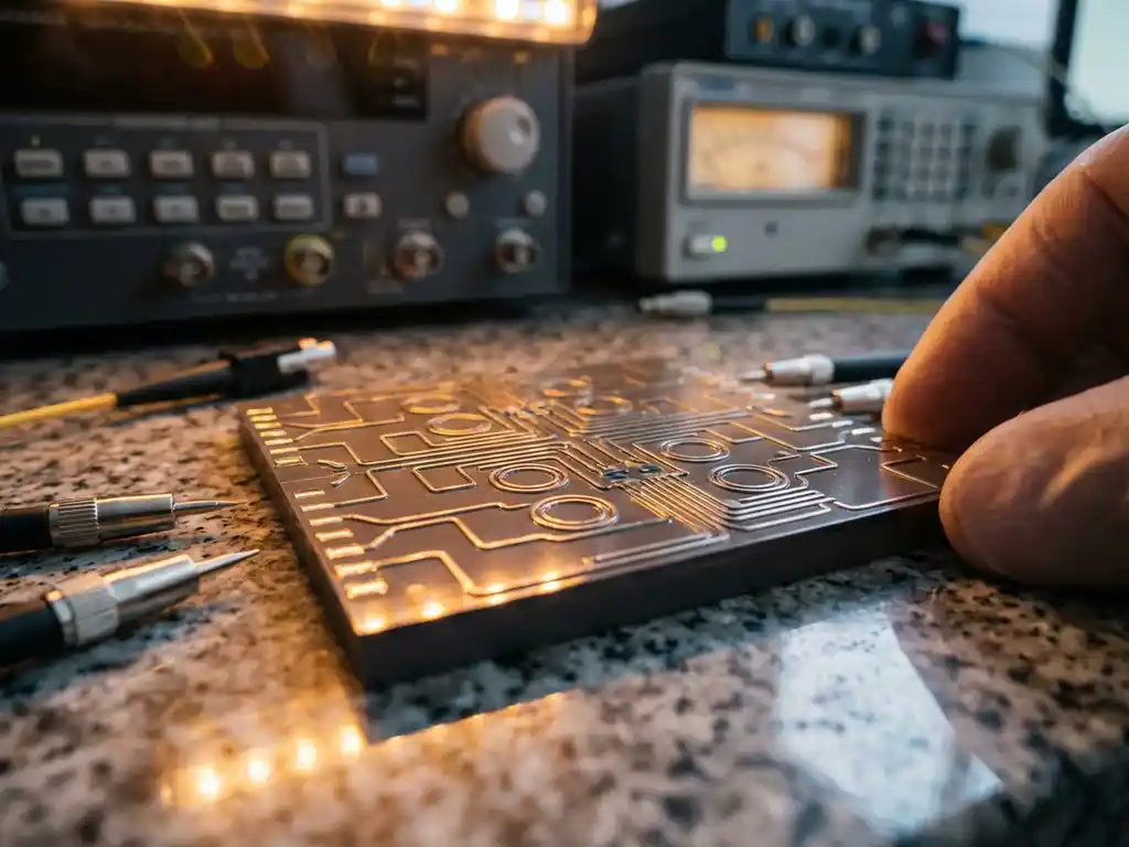 Silicon photonic chip with microscopic waveguide patterns on precision lab workbench surrounded by optical testing equipment and measurement probes