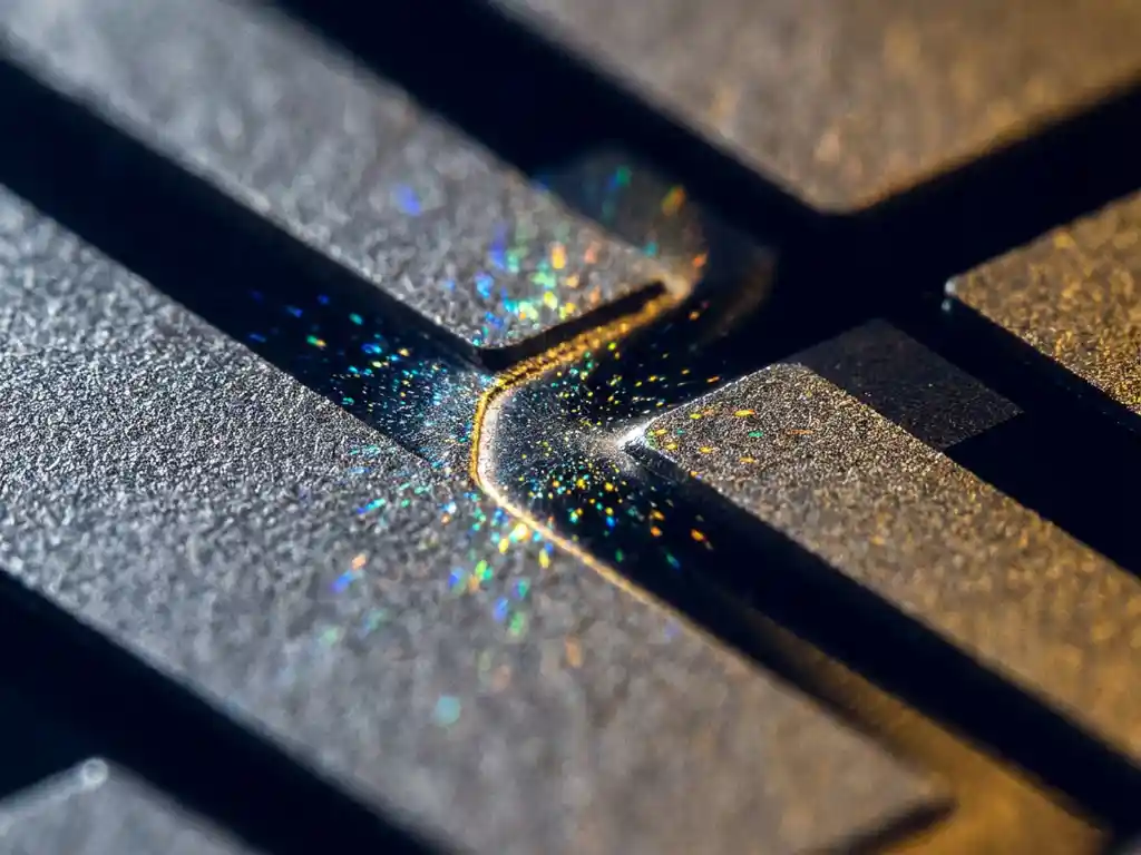 Silicon photonic waveguide under electron microscope showing light leakage and rainbow dispersion at nanometer-scale etched channels