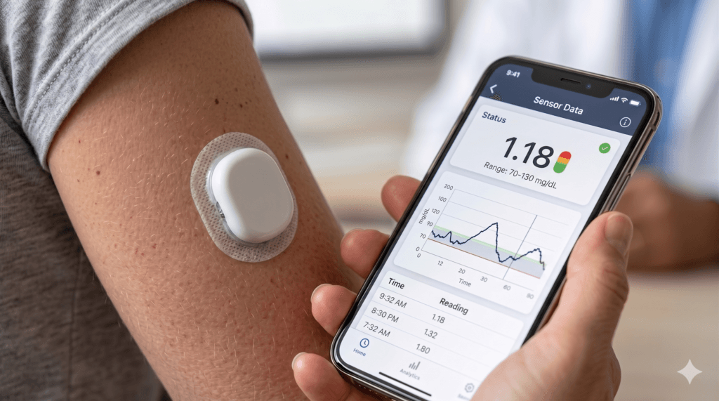 A smart glucose sensor paired with a mobile app for continuous monitoring.